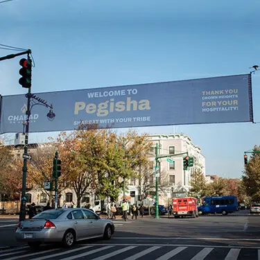 A Welcome to Pegisha banner over a street in Crown Heights, Brooklyn